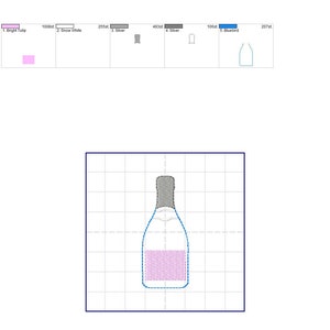 Peut inclure: Un motif de broderie numérique d'une bouteille de champagne avec un liquide rose à l'intérieur. Le motif est délimité par du bleu et du gris et mesure 29,1 cm sur 71,2 cm.