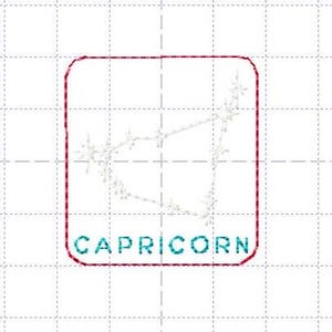 May include: A white outline of the Capricorn constellation inside a red square with the word "CAPRICORN" in teal text.