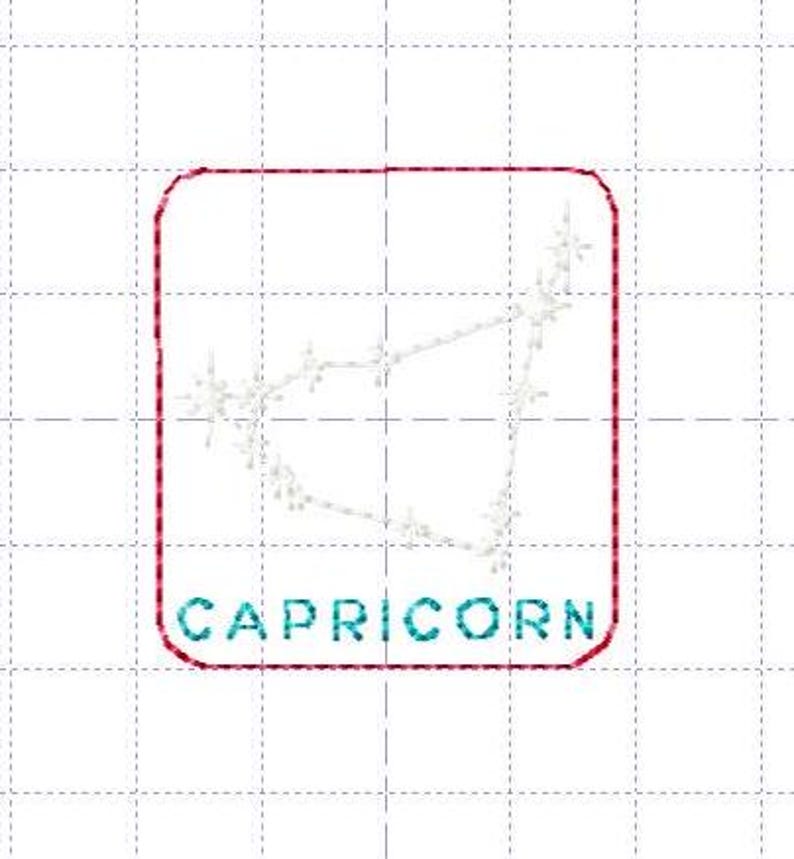 May include: A white outline of the Capricorn constellation inside a red square with the word "CAPRICORN" in teal text.