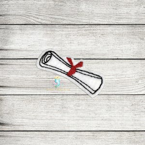 May include: A white rolled up diploma with a red ribbon tied around it. The diploma is outlined in black.