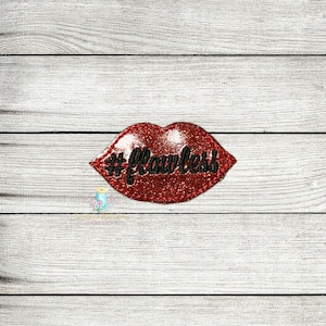 Puede incluir: Labios rojos de purpurina con el texto "#flawless" en negro.