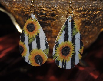 sunflower, black and white stripe, teardrop, lightweight, faux leather earrings