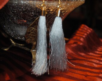 gray cotton tassel, gold, lightweight, earrings. Can be cut to shorten, if you wish.