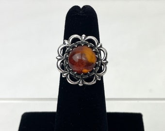 Latvian Sterling Silver Amber Ring / Traditional Latvian Jewelry / Baltic Design / Size 4.25 Ring