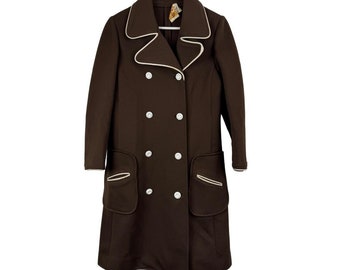 Vintage 1970s Double Breasted Coat Dress, Chocolate Brown & White Trim