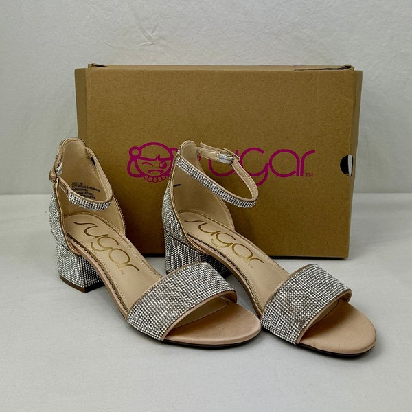 New In Box Sugar "Noelle" Sandals / Champagne Satin Rhinestone Heels / Size 7.5 / Block Heel