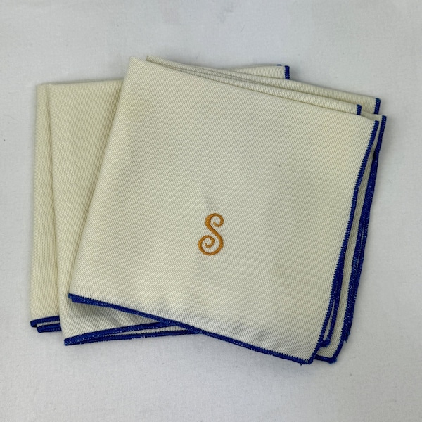Set of Four Luncheon Napkins / Monogram 'S' / White Cloth Napkins with Blue Trim