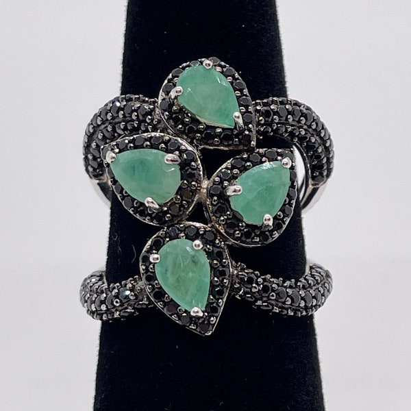 JTV Sterling Silver Green Emerald Black Spinel Ring / Black Pave / Green Stone / Size 6