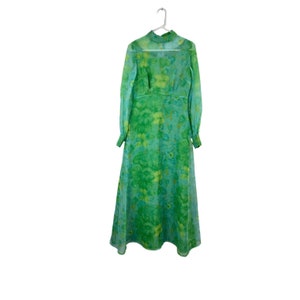Handgemachtes 70er Jahre Maxi Kleid / Vintage Sheer Green Floral Dress