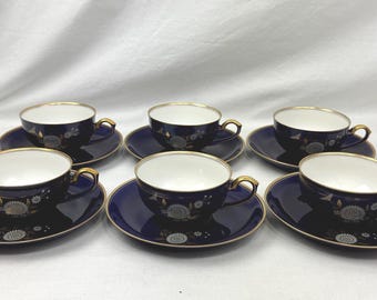 ヴィンテージ 香蘭社 コバルトブルー ティーカップセット ゴールド