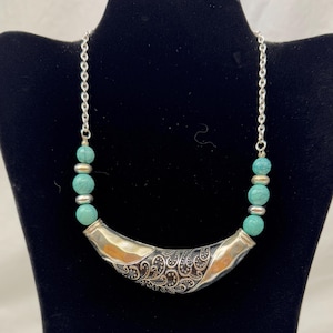 Faux Turquoise and Silver-Tone Statement Necklace / Crescent Shaped Bib Necklace