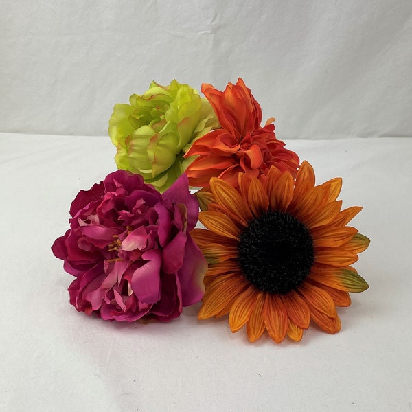 Set of Four (4) Faux Silk Floral Napkin Rings / Sunflower / Marigold / Peony