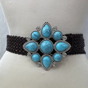 Türkiser Blumen Gürtel / Kunstleder / Verstellbar / Größe L