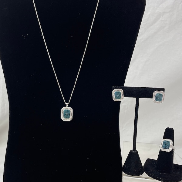 Emulous from JTV Blue Velvet Diamond and White Diamond Rhodium Over Brass Matching Pieces Necklace, Ring, and Earrings / NWT / Size 6 Ring