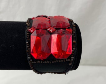 Bold Red Gemstone Cuff Bracelet / Costume Jewelry / Red and Black Bracelet