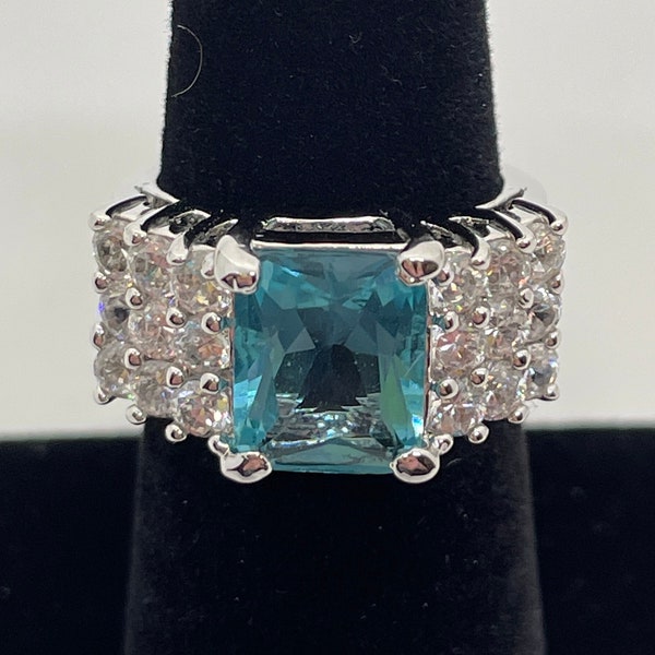 Sterling Silver Aquamarine Colored Crystal Pave Statement Ring / Size 5