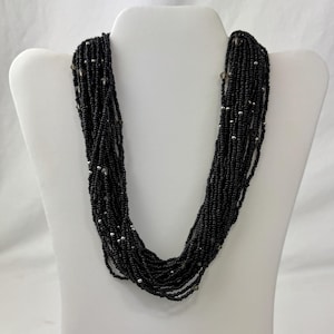 Multi-Strand Black Beaded Necklace / Chunky Statement Necklace / 16&quot; Adjustable