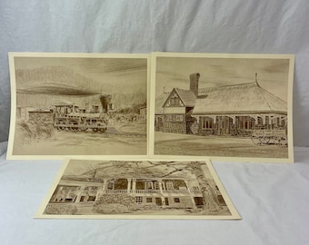 Don Harris Art Prints / Set of Three / Roanoke, VA and UVA Artist / Steam Locomotive / Train Station / Hollins Univ. Botetourt Hall