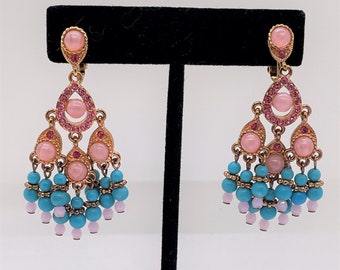 Joan Rivers Pink and Blue Chandelier Earrings / Clip-On Screw Back