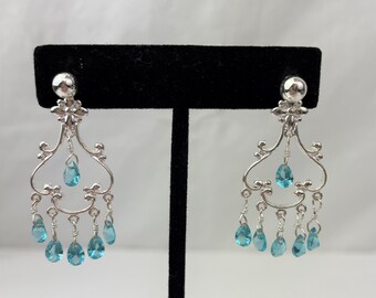 Silver Toned Chandelier Earrings With Aquamarine Beads / Dangle Earrings