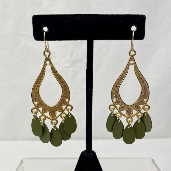 Gold-Toned Chandelier Earrings / Dark Green Dangle Earrings