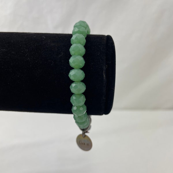 Jade Colored Beaded Bracelet / "Own It" Charm / Faceted Beads / Elastic Bracelet / 3" Wide