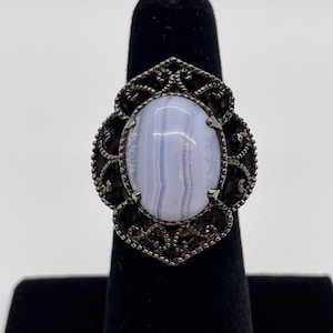 Yours By Loren Vermeil Blue Lace Agate Filigree Ring / Black Rhodium Sterling Silver / Size 6