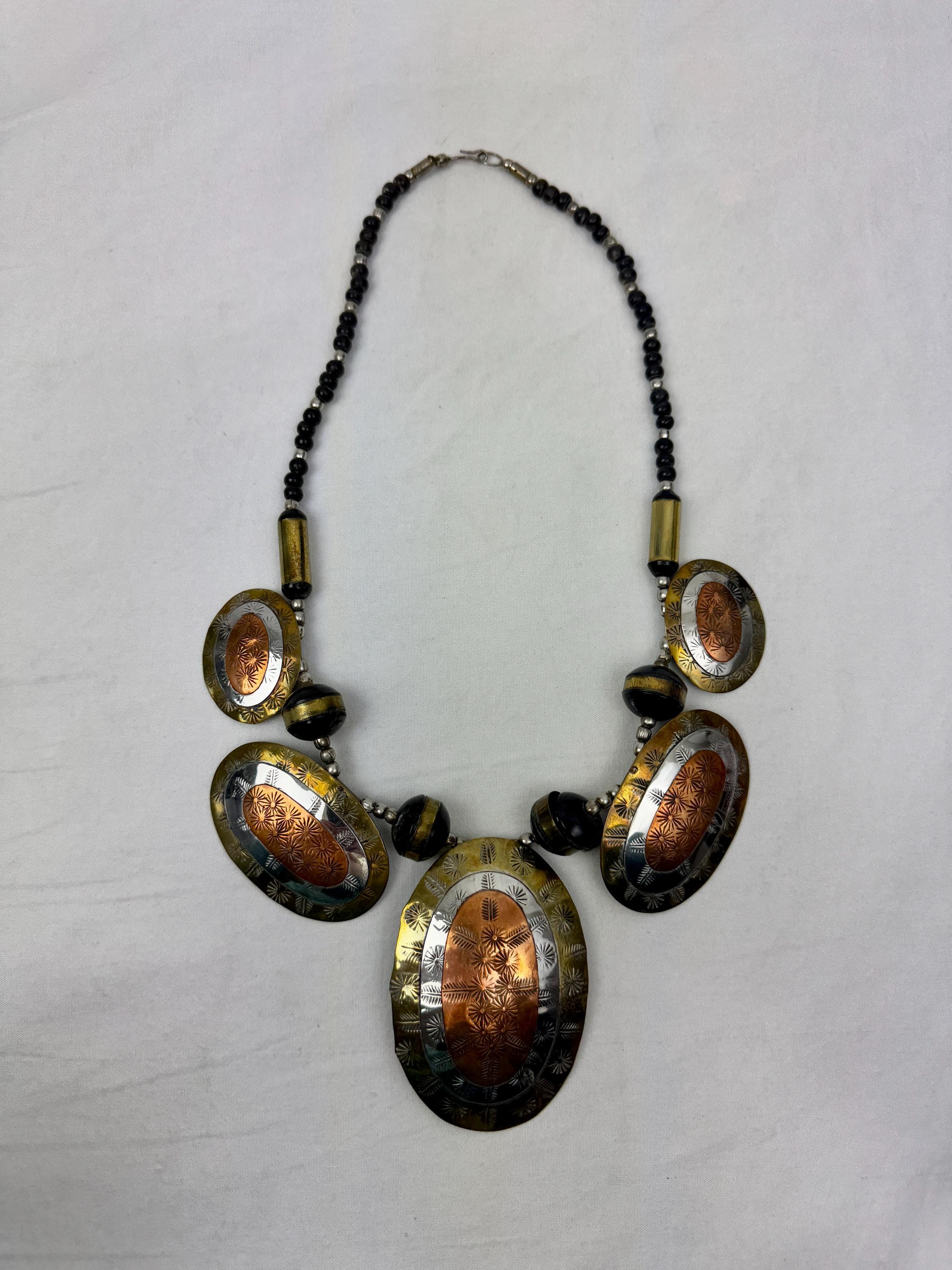 Two-tone Metal Disc Statement Necklace: Chunky Beaded Design 