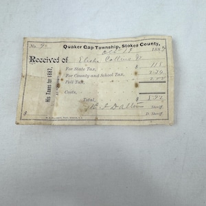 Tax Receipt from 1887 / Quaker Gap Township Stokes County, North Carolina