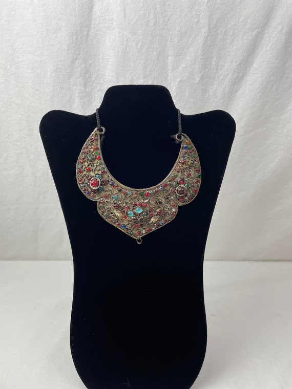 Antique Tibetan Glass Beaded Zeeba Bib Necklace / 