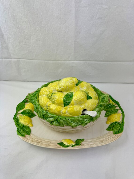 Italian Majolica Style Lemon Soup Tureen With Serving Platter