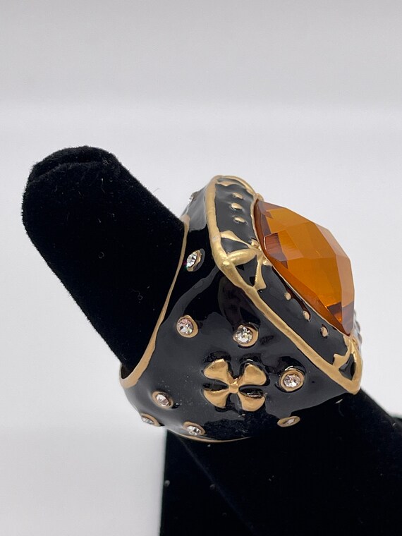 Amber Colored Statement Ring / Black Enamel / Siz… - image 3