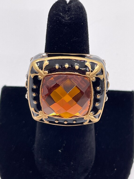 Amber Colored Statement Ring / Black Enamel / Siz… - image 2