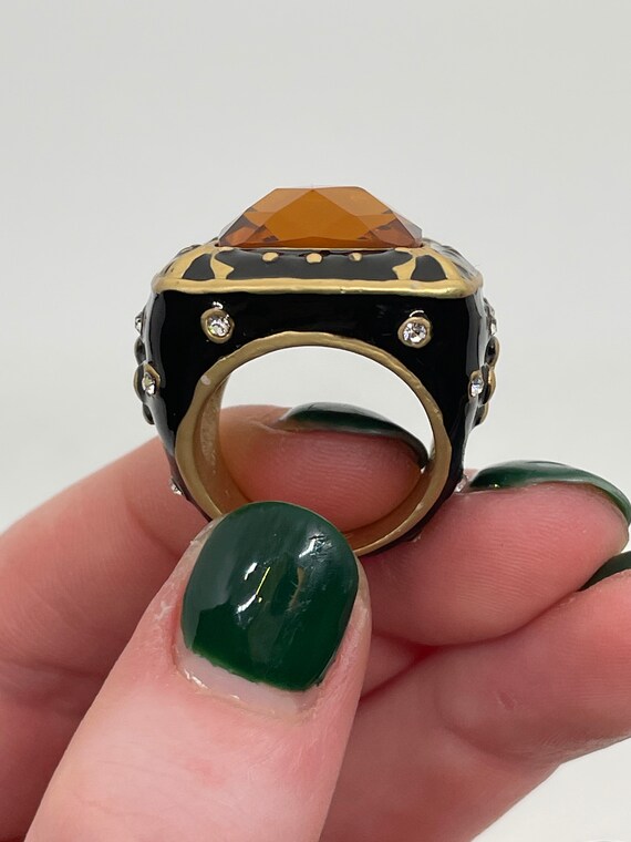 Amber Colored Statement Ring / Black Enamel / Siz… - image 6