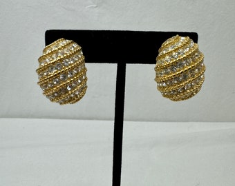 Vintage Ciner Clip On Gold-Toned Crystal Earrings / Gold Hoop Earrings / Estate Jewelry