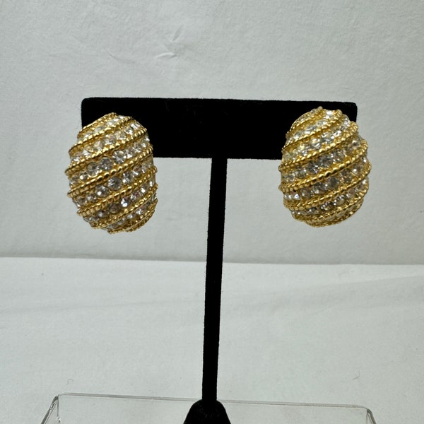 Vintage Ciner Clip On Gold-Toned Crystal Earrings / Gold Hoop Earrings / Estate Jewelry