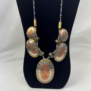 Gold and Silver Two-Tone Metal Disc Statement Necklace / Beaded Chunky Necklace / 23&quot; Adjustable Necklace