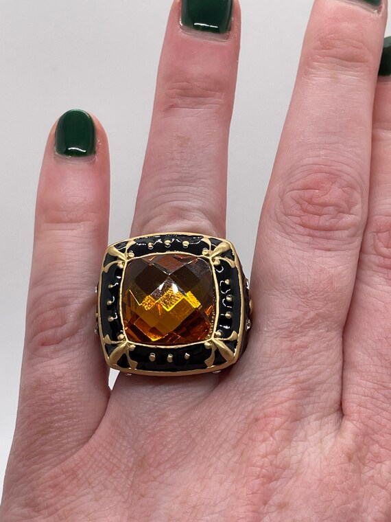Amber Colored Statement Ring / Black Enamel / Siz… - image 9