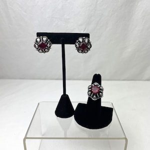 Ruby Sterling Silver Latvian Folk Jewelry / Matching Pieces / Latvian Castle Design Ring and CLIP ON Earrings