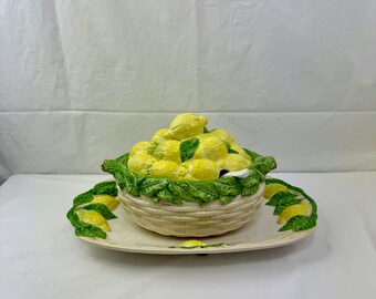 Italian Majolica Style Lemon Soup Tureen with Serving Platter / Grandmillennial Style
