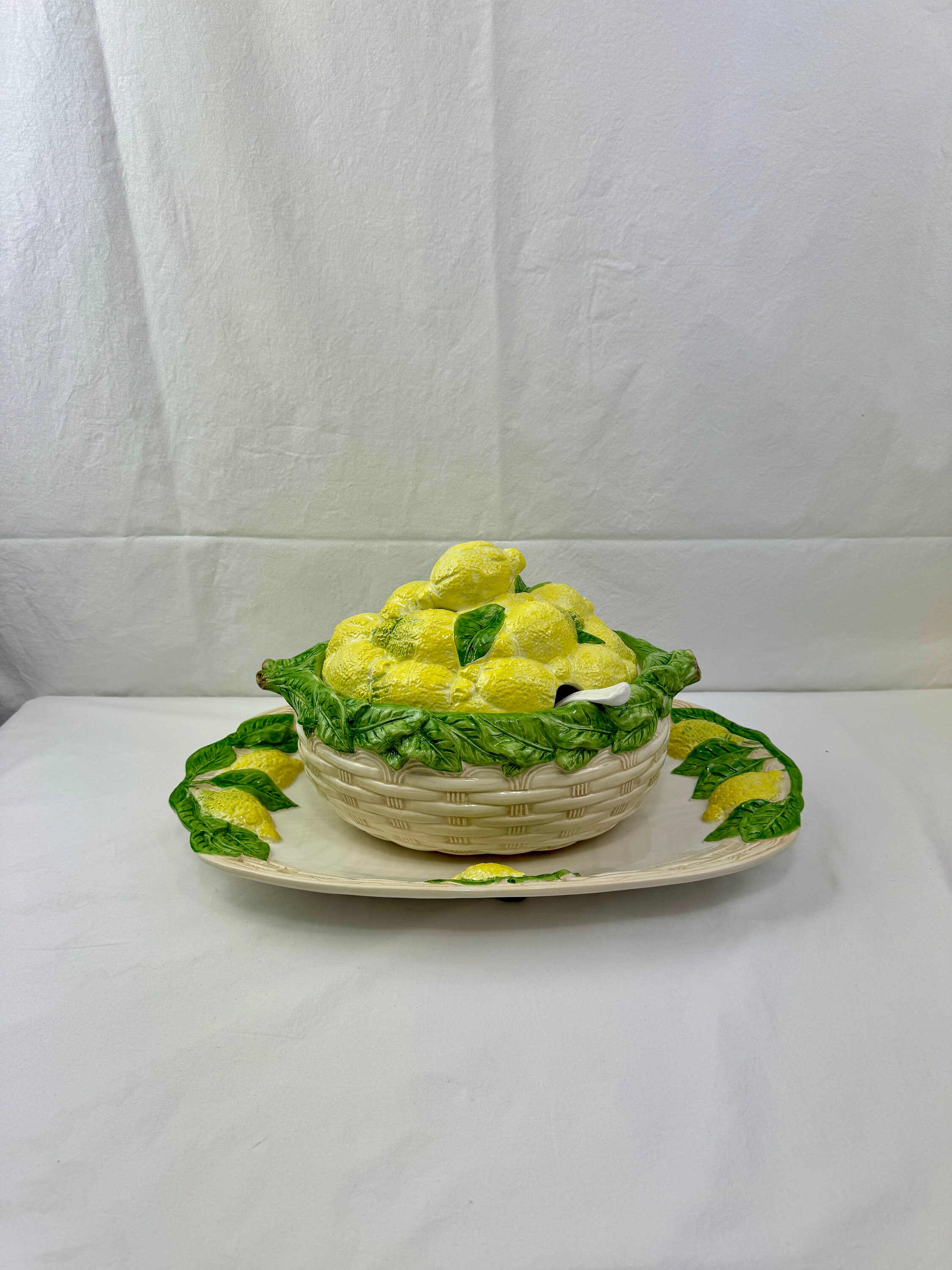 Italian Majolica Style Lemon Soup Tureen With Serving Platter