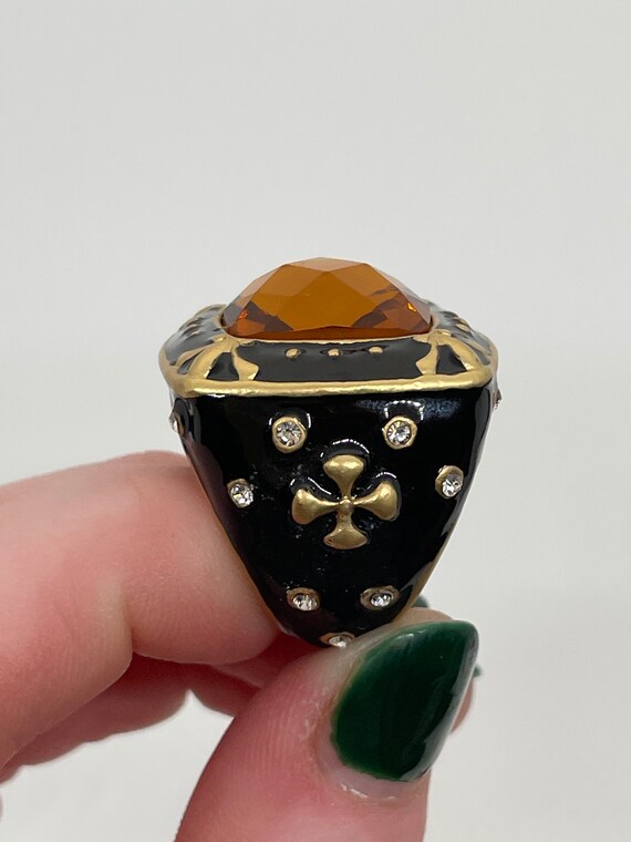 Amber Colored Statement Ring / Black Enamel / Siz… - image 7