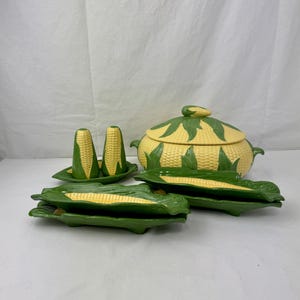 Retro Hand Painted Ceramic Corn on the Cob Set: Tureen, Shakers & Plates