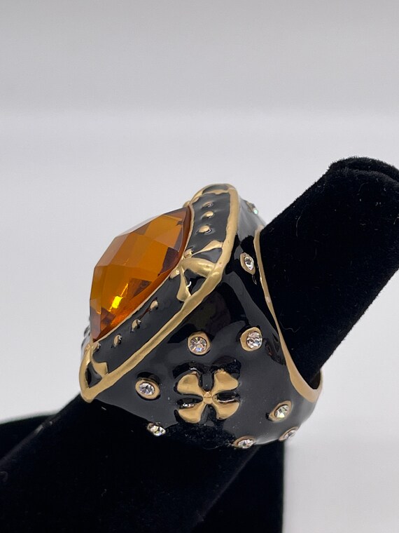 Amber Colored Statement Ring / Black Enamel / Siz… - image 4