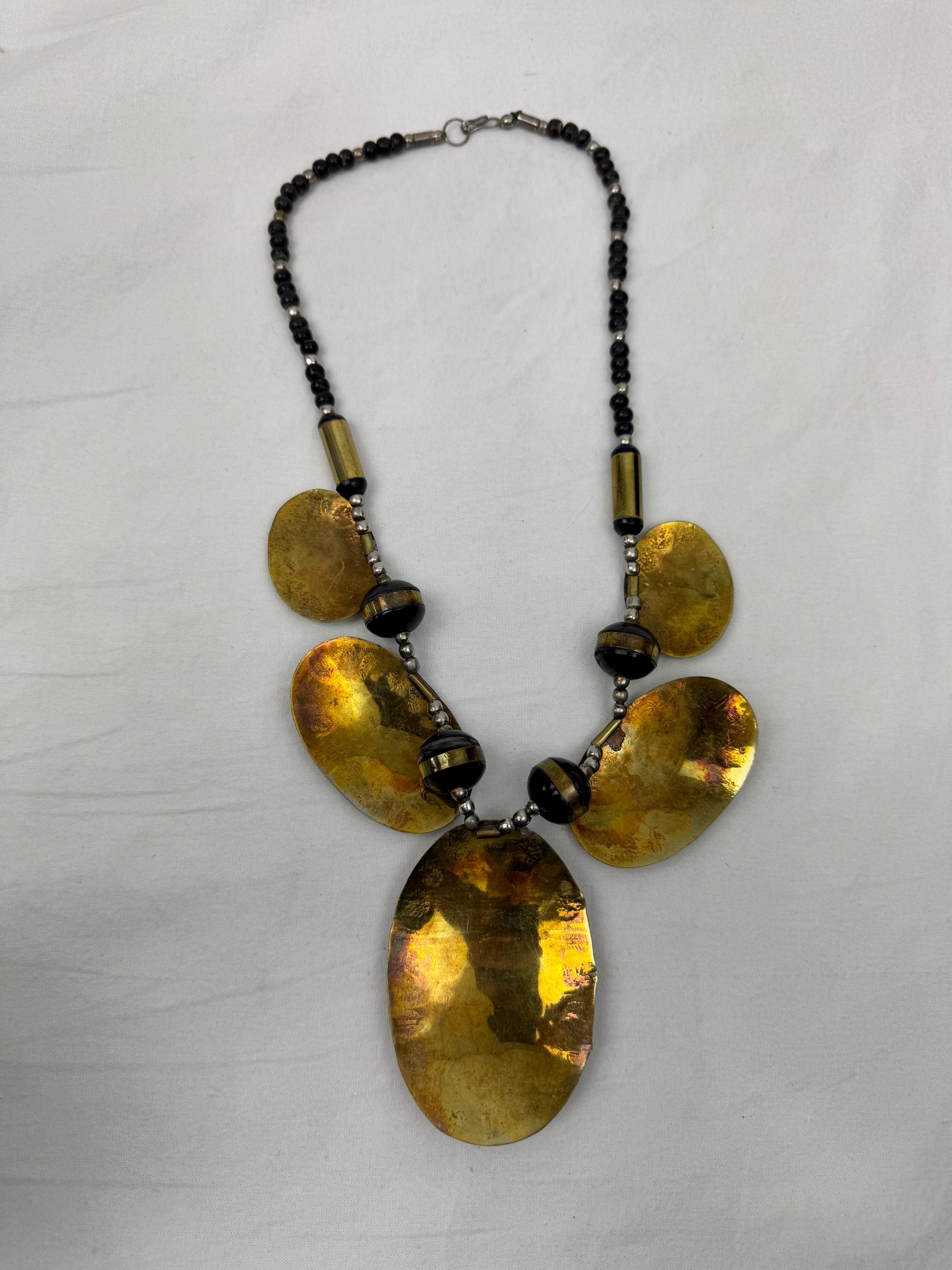 Industrial Mixed Metal Disc Statement Necklace Adjustable Two-tone Metal Disc Statement Necklace: Chunky Beaded Design  main image 3