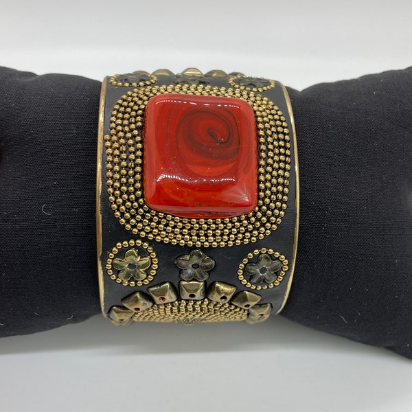 Chunky Cuff Bracelet / Faux Leather / Red Swirl Stone / Bronze Details