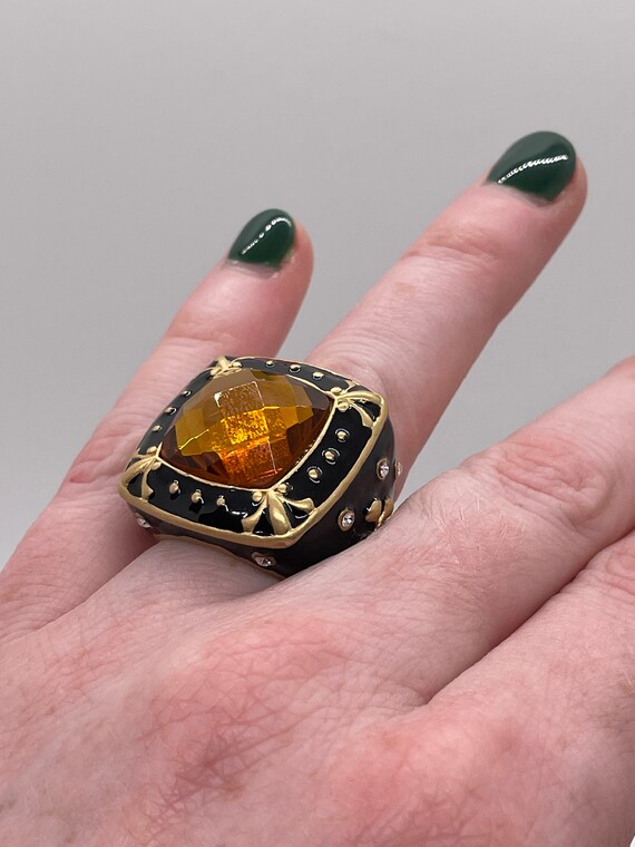 Amber Colored Statement Ring / Black Enamel / Siz… - image 10