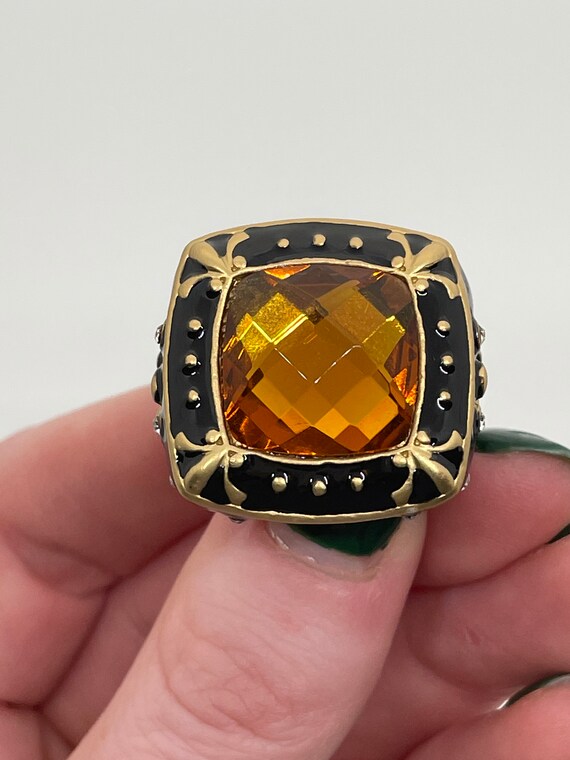 Amber Colored Statement Ring / Black Enamel / Siz… - image 5