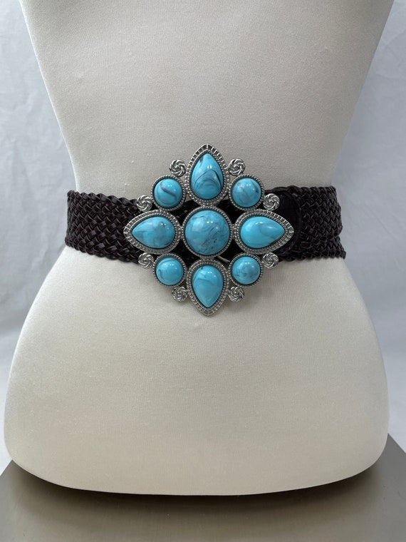 Turquoise Flower Belt / Faux Leather / Adjustable 