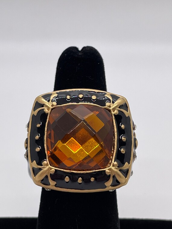 Amber Colored Statement Ring / Black Enamel / Siz… - image 1